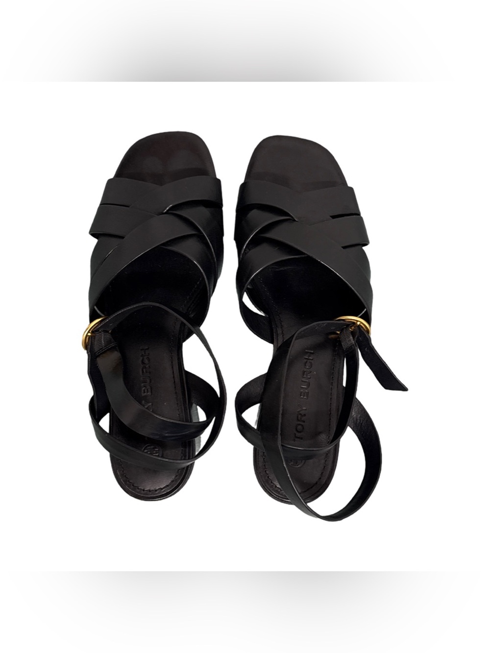 Tory Burch City Heel Ankle Strap Vachetta Leather Sandals Size 8 Perfect Black - Picture 3 of 16